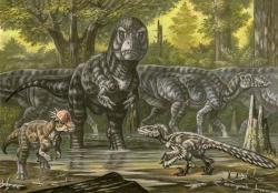 Ekosystém geologického souvrství Hell Creek s obřím jedincem druhu Tyrannosaurus rex (proslulý exemplář „Sue“), kachnozobými edmontosaury, tlustolebým pachycefalosaurem a srpodrápým dakotaraptorem. Ačkoliv to stále mnoho lidí ani netuší, tyranosauři patřili k nejinteligentnějším a vytříbenými smysly nejlépe vybaveným zástupcům této poslední dinosauří megafauny. Kredit: ABelov2014; Wikipedia (CC BY 3.0)