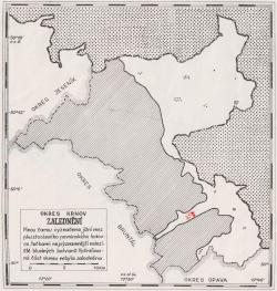 Rozsah zalednění v bývalém okrese Krnov. Nejzazší hranice zalednění vyznačena plnou čarou a největší výskyt bludných balvanů tečkami. Bludné balvany zobrazené v okolí Brantic autorem zvýrazněny červenou barvou. Nezaledněná plocha bývalého okresu Krnov vyznačena šrafováním. Zalednění na mapě sahá do Nových Heřminov a překračuje hranici mezi bývalými okresy Krnov a Bruntál. Převzato z publikace Geografie okresu Krnov od Zapletala a Kubalce z roku 1959.