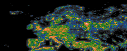 Situace se světelným znečištěním v Evropě. Černá je nejlepší a nejpřirozenější obloha, naopak červená a bílá značí stav nejhorší. Jak vidíte, najít v Evropě přirozeně tmavou oblohu už je v podstatě nemožné. Zdroj: https://djlorenz.github.io/