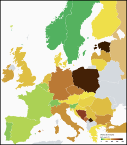 Emise na jednotku vyrobené elektřiny dopoledne 19. 11. 2022. Je vidět, že Francie, Švýcarsko, Švédsko, které využívají kombinaci jádra a obnovitelných zdrojů, mají velmi nízké emise oxidu uhličitého. Naopak Německo má kvůli Energiewende emise velmi vysoké. (Zdroj https://app.electricitymaps.com/map)