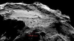 Elipsa přibližného dopadu podle dat zařízení CONSERT o rozměrech 16x160 metrů.  Kredit: Ellipse: ESA/Rosetta/Philae/CONSERT