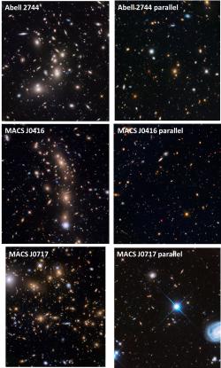 Montáž snímků galaktických kup v rámci programu Frontier Fields a soběžného Paralel Fields. Tyto kupy a přilehlé oblasti už byly v rámci víceletého (a zřejmě posledního rozsáhlého) snímkování podrobně zmapovány. Názvy kup jsou řazeny odshora dolů, vlevo je vždy snímek kupy primárního Hubbleova pole, vpravo pole přilehlého: Abell 2744, MACS J0416 a MACS J0717. Snímkování poslední kupy a jejího přilehlého pole se v současnosti zpracovává, takže můžeme v blízké době jasnější snímky ve větším rozlišení.  Zdroj: https://frontierfields.org/