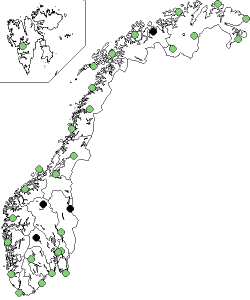 Mapa umístění měřících stanic v Norsku. Svanhovd je ze dvou úplně napravo ta dolní (zdroj DSA).