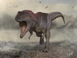 Obří karcharodontosauridní teropod druhu Meraxes gigas mohl lovit přinejmenším mláďata, nemocné nebo zraněné a přestárlé jedince čukarosaurů. Dalším nebezpečným predátorem obřích rozměrů byl také příbuzný druh Mapusaurus roseae, rovněž dosahující délky přes 10 metrů a hmotnosti několika tun. Kredit: Carlos Papolio; Wikipedia (CC BY-SA 4.0)