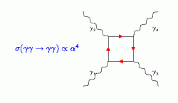 Nejjednodušší Feynmanův diagramů pružného rozptylu fotonu na fotonu. Jde o uzavřenou smyčku se čtyřmi vrcholy, a tedy velmi malou pravděpodobností. (Zdroj Jan A. Lauber, UCL.)