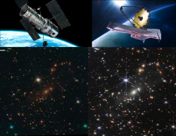 Porovnání fotografie stejné oblasti (kupy galaxií SMACS 0723) pomoci Hubblova a Webbova dalekohledu. Webbův dalekohled má průměr 6,5 m a u Hubblova dalekohledu je to 2,4 m. Díky posunu Webbova dalekohledu do infračervené oblasti se v něm dramaticky zvýrazní objekty s velkým rudým posuvem. Připomeňme ještě, že barvy u fotografie z Webbova dalekohledu jsou umělé (zdroj NASA).