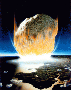 Přibližná podoba impaktoru, který narazil rychlostí několika desítek kilometrů za sekundu do povrchu naší planety. Jeho hmotnost činila asi 8 bilionů tun a objem přibližně 2600 kilometrů krychlových. Kredit: NASA, Wikipedie