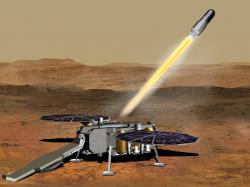 Umělecká představa startu transportního pouzdra, které dopraví nashromážděné vzorky z povrchu Marsu na orbitu okolo něj (zdroj NASA/JPL-Caltech).