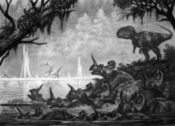 Umělecká představa o vzniku naleziště Hilda mega-bonebed v kanadské Albertě. V době před 76 miliony let se na tomto místě pravděpodobně utopilo obří stádo rohatých centrosaurů v počtu mnoha tisíc jedinců. Kredit: ABelov2014; Wikipedia (CC BY 3.0)