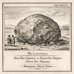 Bludný balvan v severním Německu na mědirytině z 18. století jako pozůstatek potopy světa. ChatGPT.