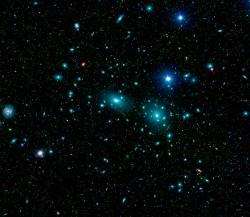 Mozaika centrální oblasti kupy galaxií Coma ve falešných barvách kombinuje infračervené a viditelné světlo a odhaluje tisíce slabých objektů (zeleně). Mnohé z těchto objektů, které se zde jeví jako slabé zelené šmouhy, jsou trpasličí galaxie patřící ke kupě. Středu dominují dvě velké eliptické galaxie NGC 4889 a NGC 4874. Právě studium Comy dovedlo Fritze Zwickyho k potřebě zavést „dunkle Materie“, tedy temnou nebo tmavou hmotu.  Kredit: NASA / JPL-Caltech / L. Jenkins (GSFC)