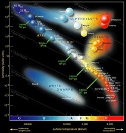 Hertzsprungův-Russellův diagram zobrazuje vztah mezi absolutní velikostí nebo svítivostí hvězdy a její efektivní teplotou a zařazením v spektrální klasifikaci hvězd Kredit: ESO, CC BY 4.0