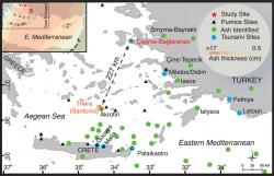 Výzkum tsunami po starověké „minojské“ erupci. Kredit: Şahoğlu et a. (2021), PNAS.