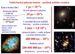 Průběh a jednotlivé etapy Velkého třesku. Ten popisuje teorii, že vesmír byl na svém počátku extrémně horký a hustý, a od této doby se rozpíná. Od jistého času zhruba 1 ps (dané teplotou a hustotou) probíhá toto rozpínání podle popisu Standardního modelu hmoty a interakcí a Obecné teorie relativity.