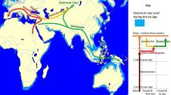 Mapa vývoje a rozšíření děnisovanů, Vývojová větev vpravo naznačuje, že se, stejně jako neandertálci, pravděpodobně vývojově odčlenili od linie člověka heidelberského (Homo heidelbergensis) v oblasti jihozápadní Asie. Kredit: John D. Croft, Wikipedia, CC BY-SA 3.0
