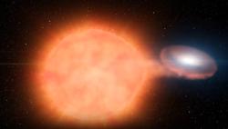 Gravitace bílého trpaslíka, extrémně hustého pozůstatku hvězdy, která již nemůže spalovat jaderné palivo ve svém jádře, stahuje materiál z blízkého hvězdného průvodce. Když bílý trpaslík dosáhne asi 1,4násobku hmotnosti Slunce, exploduje jako supernova typu Ia. Kredit: NASA/JPL-Caltech