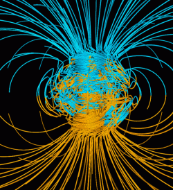Simulace magnetického pole Země v „normálním“ stavu. Kredit: NASA.