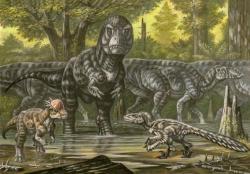 Ekosystém souvrství Hell Creek, v němž byli největšími a dominantními predátory právě zástupci druhu T. rex. Nebo má snad pravdu Gregory Paul a na konci křídové periody existovaly v Severní Americe hned tři různé druhy rodu Tyrannosaurus? Na obrázku je také dromeosaurid Dakotaraptor, pachycefalosaurid Pachycephalosaurus a hadrosaurid Edmontosaurus. Kredit: ABelov2014; Wikipedia (CC BY 3.0)