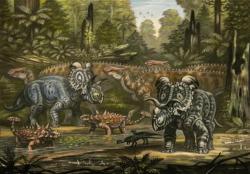 Dinosauří megafauna dávných ekosystémů geologického souvrství Judith River v pozdně křídové Kanadě. Rohatí dinosauři Albertaceratops (vlevo v pozadí) i Medusaceratops (vpravo v popředí), kachnozobý dinosaurus Brachylophosaurus (v pozadí) i zobrazení ankylosauridi byli relativně svižní a pohybliví živočichové. Kredit: ABelov2014; Wikipedia (CC BY 3.0)