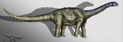 Přibližná podoba titanosaurního sauropoda, který zanechal otisky svých stop v Číně během období rané křídy. Po více než 100 milionech let posloužily tyto ichnofosílie jako domnělý důkaz přítomnosti božských bytostí místním Iům. Kredit: Karkemish, Wikipedie