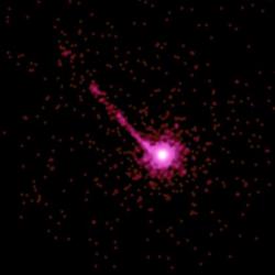 Kvasar PKS 1127-145 s výrazným rentgenovým výtryskem, vzdálený zhruba 10 miliard světelných let. Kredit: NASA/ CXC/ A.Siemiginowska(CfA)/ J.Bechtold(U.Arizona).