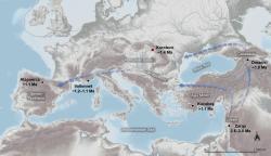 3 Předpokládané cesty kolonizace Evropy homidy před miliónem let. (Kredit: Garba et al, Nature 2024).