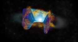 Materiál supernovy naráží na „kouřovou stopu“ nahlodané hvězdy a vytvářejí rádiové záření. Kredit: Bill Saxton, NRAO/AUI/NSF.