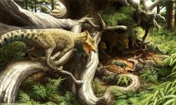 Rekonstrukce ekosystému v rámci geologického souvrství Cloverleaf. Dospělý jedinec rodu Aquilops se snaží odehnat od mláďat útočícího dravého savce rodu Gobiconodon. Druhý dospělý dinosaurus přihlíží celému dramatu z ústí nory. Kredit: Brian Engh; Wikipedia (CC BY 4.0) Rekonstrukce ekosystému v rámci geologického souvrství Cloverleaf. Dospělý jedinec rodu Aquilops se snaží odehnat od mláďat útočícího dravého savce rodu Gobiconodon. Druhý dospělý dinosaurus přihlíží celému dramatu z ústí nory. Kredit: Brian Engh; Wikipedia (CC BY 4.0)