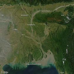 Soutok Gangy s Brahmaputrou v Bangladéši. Kredit: NASA, Wikimedia Commons, CC BY-SA 4.0.