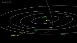 Dráha mezihvězdného asteroidu. Kredit: NASA/JPL-Caltech.