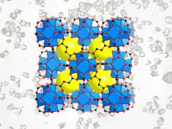 Schéma MOFu. Žlutě prázdné prostory, které se mohou naplnit molekulami vody. Kredit: UC Berkeley and Berkeley Lab.