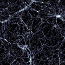 Simulace Illustris, zobrazení temné hmoty. Kredit: Markus Haider / Illustris collaboration.