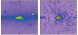 Záření gama pozorované sondou FERMI. Nalevo jsou experimentální data a napravo situace po odečtení známých zdrojů záření gama (zdroj T. Daylan et al., FERMI, NASA)