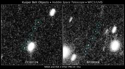 Dva objekty, které by se mohly stát druhým cílem sondy New Horizons pohledem Hubbleova teleskopu.  Zdroj: https://spaceflightnow.com/