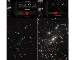 Porovnání obrázku z kamery MIRI (delší vlnová délka a větší rudý posuv) ve střední infračervené oblasti a kamery NIRCam v blízké infračervené oblasti (kratší vlnová délka a menší rudý posuv). Jde opět o kupu galaxií SMACS 0723 (zdroj NASA).