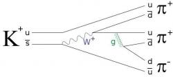 Příklad Feynmanova diagramu pro jeden z běžnějších hadronových rozpadů nabitého mezonu K. Uplatňuje se u něj slabá zprostředkovaná intermediálním bosonem W i silná interakce zprostředkovaná gluonem. (Zdroj JabberWok on Wikipedia).