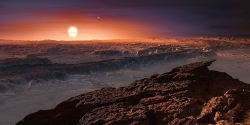 Umělecká představa pohledu s povrchu exoplanety Proxima Centauri b v blízkosti červeného trpaslíka (zdroj ESO, M. Kornmesser).