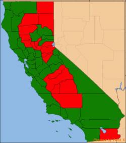 Výsledky hlasování o legalizaci konopí v Kalifornii, 2016 (zeleně souhlas). Kredit: US Government.
