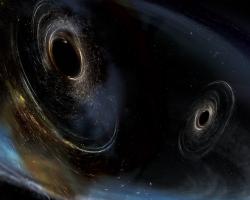 Umělecky znázorněná představa dvou k sobě konvergujících černých děr podobných těm, jejichž srážku detekoval interferometr LIGO v roce 2015. Kredit: Aurore Simonnet/Caltech MIT Advanced aLIGO/Sonoma State University