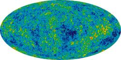 Současná mapa reliktního záření, jež prozářilo vesmír asi 380 000 let po Big Bangu. Dnes je průměrná teplota záření kosmického pozadí ca 2,73 K. Barvami zvýrazněné teplotní fluktuace představují rozdíly ± 200 mikroKelvinů. Kredit: NASA / WMAP Science Team, volné dílo.