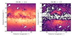 Logaritmické rozdělení hustoty studií vybrané skupiny asi 2 milionů hvězd kolem středu Galaxie. Vlevo mladší hvězdy bohaté na těžší prvky, vpravo staré, na „kovy“ chudé hvězdy, koncentrované v centrální oblasti. Bílá místa korelují s oblastmi hustějších mraků mezihvězdného prachu v popředí centrální oblasti.  Kredit: Rix H.-W., et al., arXiv:2209.02722v1 (2022)