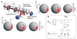 Jak entanglovat velký soubor atomů jediným fotonem. Kredit: McConnell et al. (2015), Nature.