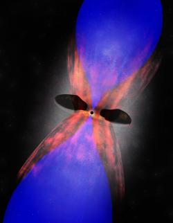 Supermasivní černá díra v srdci kupy Fénix. Modře bubliny horkého plynu, červeně chladný plyn. Kredit: B. Saxton (NRAO/AUI/NSF).