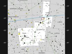 Poloha systému AR Scorpii v souhvězdí Štíra. Kredit: ESO/IAU, Sky & Telescope.