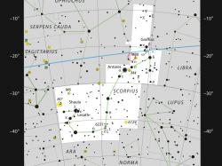 Poloha systému AR Scorpii v souhvězdí Štíra. Kredit: ESO/IAU, Sky & Telescope.