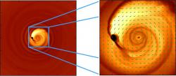 Simulace oběhu páru černých děr v centru kvasaru PG 1302-102.  Kredit: Columbia University