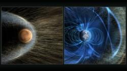 Mars na rozdíl od Země nemá magnetické pole, jehož siločáry brání Slunečnímu větru v erozi atmosféry. Zdroj: https://svs.gsfc.nasa.gov/