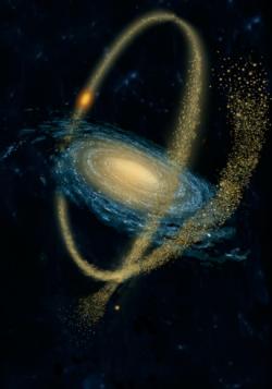 Mléčná dráha dělá z trpasličích galaxií hvězdné proudy. Kredit: Jon Lomberg.