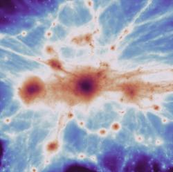 Kosmická pavučina v masivní kupě galaxií na simulaci C-EAGLE. Kredit: Joshua Borrow using C-EAGLE.