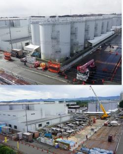 Areál J9 před a po rozebrání nádrží (zdroj TEPCO) Areál J9 před a po rozebrání nádrží (zdroj TEPCO)